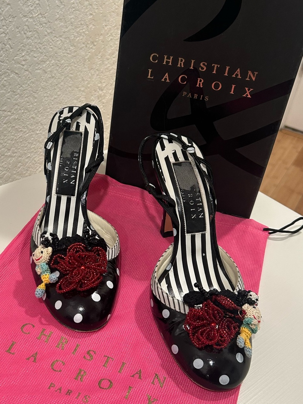 Christian Lacroix Black & White Polka Dot Slingback Heels with Crochet & Beads